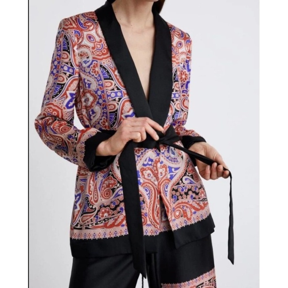 Zara Paisley Print Belted Jacket S Orange Blue Wrap Blazer Robe Style 31280